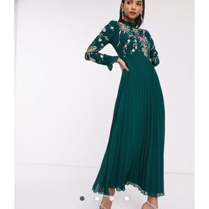 ASOS DESIGN embroidered pleated maxi dress with fluted sleeve Floral